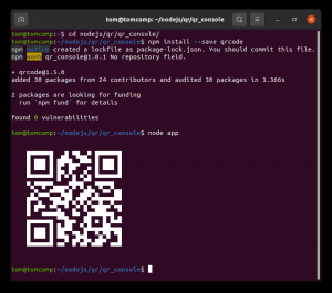 Отчёт от 30514 за Генератор qr кодов на Node JS / Установка библиотеки qrcode. Вывод qr кода в консоль